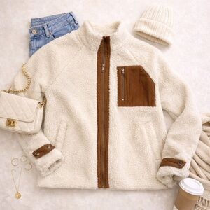 Thread & Supply Size S Cream Teddy Zip Jacket w/ Corduroy Cozy Warm